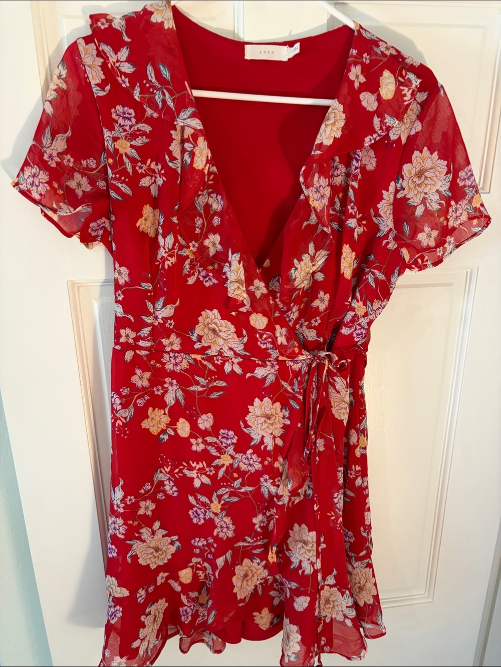 Lush Red Floral Wrap Mini Dress